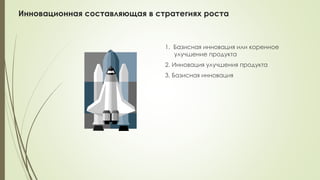 Инновационная составляющая в стратегиях роста
1. Базисная инновация или коренное
улучшение продукта
2. Инновация улучшения продукта
3. Базисная инновация
 