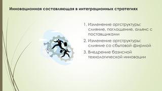 Инновационная составляющая в интеграционных стратегиях
1. Изменение оргструктуры:
слияние, поглощение, альянс с
поставщиками
2. Изменение оргструктуры:
слияние со сбытовой фирмой
3. Внедрение базисной
технологической инновации
 