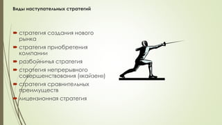 Виды наступательных стратегий
 стратегия создания нового
рынка
 стратегия приобретения
компании
 разбойничья стратегия
 стратегия непрерывного
совершенствования («кайзен»)
 стратегия сравнительных
преимуществ
 лицензионная стратегия
 