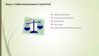 Виды стабилизационных стратегий
 оборонительная
 оппортунистическая
 зависимая
 защитная
 селективная (избирательная)
 