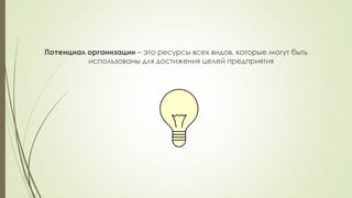 Потенциал организации – это ресурсы всех видов, которые могут быть
использованы для достижения целей предприятия
 