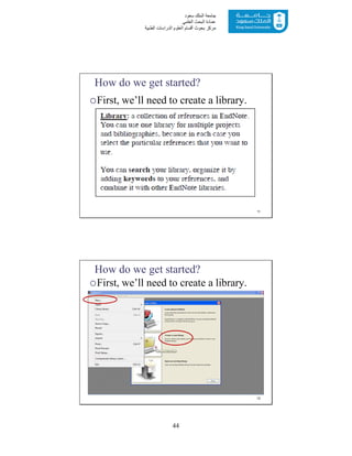 44
‫ﺳﻌﻮد‬ ‫اﻟﻤﻠﻚ‬ ‫ﺟﺎﻣﻌﺔ‬
‫اﻟﻌﻠﻤﻲ‬ ‫اﻟﺒﺤﺚ‬ ‫ﻋﻤﺎدة‬
‫ﻣﺮﻛﺰ‬‫اﻟﻌ‬ ‫أﻗﺴﺎم‬ ‫ﺑﺤﻮث‬‫اﻟﻄﺒﯿﺔ‬ ‫اﻟﺪراﺳﺎت‬ ‫ﻠﻮم‬
How do we get started?
First, we’ll need to create a library.
11
How do we get started?
First, we’ll need to create a library.
12
 