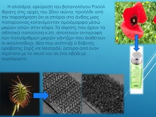 Η αλατιέρα, εφεύρεση του βοτανολόγου Ραούλ
Φρανς στις αρχές του 20ού αιώνα, προήλθε από
την παρατήρηση ότι οι σπόροι στο άνθος μιας
παπαρούνας κατανέμονταν ομοιόμορφα μέσω
μικρών οπών στην κάψα. Τα σκρατς που έχουν τα
αθλητικά παπούτσια κ.λπ. αποτελούν αντιγραφή
των πολυάριθμων μικρών γάντζων που διαθέτουν
οι «κολλιτσίδες». Ιδέα που ανέπτυξε ο Ελβετός
ορειβάτης Ζορζ ντε Μεστράλ, ύστερα από έναν
περίπατο με το σκυλί του σε ένα λιβάδι με
αγριόχορτα.
 