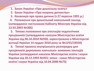 1. Закон України «Про дошкільну освіту»
2. Закон України «Про охорону дитинства»
3. Конвенція про права дитини (з 27 вересня 1991 р.)
4. Положення про дошкільний навчальний заклад
(затверджене постановою Кабінету Міністрів України від
12.03.2003 №305)
5. Типове положення про атестацію педагогічних
працівників (затверджено наказом Міністерства освіти
України від 06.10.2010 №930, зареєстровано в Міністерстві
юстиції України 14 грудня 2010 року за №1255/18550)
6. Типові правила внутрішнього розпорядку для
працівників державних навчально- виховних закладів
України (затверджені наказом Міністерства освіти і науки
України від 20.12.1993 №455; зміни - наказ Міністерства
освіти і науки України від 10.04.2000 №73)
 