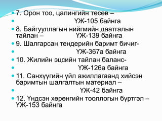  7. Орон тоо, цалингийн төсөв –
 ҮЖ-105 байнга
 8. Байгууллагын нийгмийн даатгалын
тайлан – ҮЖ-139 байнга
 9. Шалгарсан тендерийн баримт бичиг-
 ҮЖ-367а байнга
 10. Жилийн эцсийн тайлан баланс-
 ҮЖ-126а байнга
 11. Санхүүгийн үйл ажиллагаанд хийсэн
баримтын шалгалтын материал –
 ҮЖ-42 байнга
 12. Үндсэн хөрөнгийн тооллогын бүртгэл –
ҮЖ-153 байнга
 