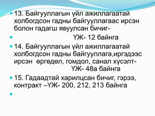  13. Байгууллагын үйл ажиллагаатай
холбогдсон гадны байгууллагаас ирсэн
болон гадагш явуулсан бичиг-
 ҮЖ- 12 байнга
 14. Байгууллагын үйл ажиллагаатай
холбогдсон гадны байгууллага,иргэдээс
ирсэн өргөдөл, гомдол, санал хүсэлт-
ҮЖ- 48а байнга
 15. Гадаадтай харилцсан бичиг, гэрээ,
контракт –ҮЖ- 200, 212, 213 байнга

 