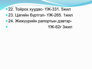  22. Тойрох хуудас- ҮЖ-331. 5жил
 23. Цагийн бүртгэл- ҮЖ-265. 1жил
 24. Жижүүрийн рапортын дэвтэр-
 ҮЖ-62г 3жил
 
