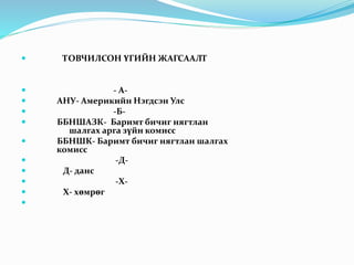  ТОВЧИЛСОН ҮГИЙН ЖАГСААЛТ
 - А-
 АНУ- Америкийн Нэгдсэн Улс
 -Б-
 ББНШАЗК- Баримт бичиг нягтлан
шалгах арга зүйн комисс
 ББНШК- Баримт бичиг нягтлан шалгах
комисс
 -Д-
 Д- данс
 -Х-
 Х- хөмрөг

 