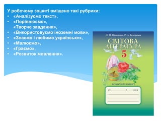 У робочому зошиті вміщено такі рубрики:
• «Аналізуємо текст»,
• «Порівнюємо»,
«Творче завдання»,
• «Використовуємо іноземні мови»,
• «Знаємо і любимо українське»,
• «Малюємо»,
• «Граємо»,
• «Розвиток мовлення».
 