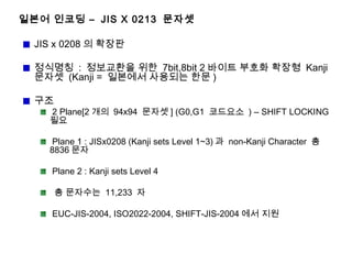 일본어 인코딩 – JIS X 0213 문자셋
JIS x 0208 의 확장판
정식명칭 : 정보교환을 위한 7bit,8bit 2 바이트 부호화 확장형 Kanji
문자셋 (Kanji = 일본에서 사용되는 한문 )
구조
2 Plane[2 개의 94x94 문자셋 ] (G0,G1 코드요소 ) – SHIFT LOCKING
필요
Plane 1 : JISx0208 (Kanji sets Level 1~3) 과 non-Kanji Character 총
8836 문자
Plane 2 : Kanji sets Level 4
총 문자수는 11,233 자
EUC-JIS-2004, ISO2022-2004, SHIFT-JIS-2004 에서 지원
 