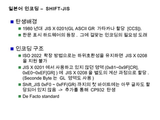 일본어 인코딩 – SHIFT-JIS
탄생배경
1980 년대 JIS X 0201(GL ASCII GR 가타카나 할당 [CCS]).
한문 표시 하드웨어의 등장 . 그에 걸맞는 인코딩의 필요성 도래
인코딩 구조
ISO 2022 확장 방법으로는 하위호환성을 유지하면 JIS X 0208
을 지원 불가
JIS X 0201 에서 사용하고 있지 않던 영역 (0x81~0x9F[CR],
0xE0~0xEF[GR] ) 에 JIS X 0208 을 별도의 계산 과정으로 할당 .
(Seconde Byte 는 GL 영역도 사용 )
Shift_JIS 0xF0 ~ 0xFF(GR) 까지의 첫 바이트에는 아무 글자도 할
당되어 있지 않음 -> 추가를 통해 CP932 탄생
De Facto standard
 