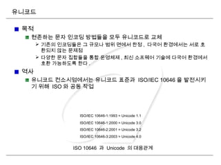 유니코드
목적
현존하는 문자 인코딩 방법들을 모두 유니코드로 교체
 기존의 인코딩들은 그 규모나 범위 면에서 한정 , 다국어 환경에서는 서로 호
환되지 않는 문제점
 다양한 문자 집합들을 통합 운영체제 , 최신 소프웨어 기술에 다국어 환경에서
호환 가능하도록 한다 .
역사
유니코드 컨소시엄에서는 유니코드 표준과 ISO/IEC 10646 을 발전시키
기 위해 ISO 와 공동 작업
ISO/IEC 10646-1:1993 ≈ Unicode 1.1
ISO/IEC 10646-1:2000 ≈ Unicode 3.0
ISO/IEC 10646-2:2001 ≈ Unicode 3.2
ISO/IEC 10646-3:2003 ≈ Unicode 4.0
ISO 10646 과 Unicode 의 대응관계
 