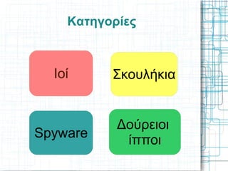 Κατηγορίες
Δούρειοι
ίπποιSpyware
ΣκουλήκιαΙοί
 