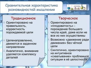 Сравнительная характеристика
разновидностей мышления
Традиционное
Ориентировано на
правильность,
корректность
порождаемой цели
Целенаправленно,
движется в заданном
направлении
Аналитично, внимание
уделяется комплексу
деталей
Творческое
Ориентировано на
«плодовитость» -
порождение большего
числа идей, даже если не
все из них осуществимы
Возможно «движение ради
движения» без чёткой
цели
Синтетично, ориентировано
на интуитивное
«схватывание» проблемной
ситуации в её целостности
 