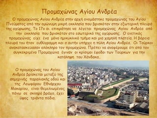 Προμαχώνας Αγίου Ανδρέα
Ο προμαχώνας Αγίου Ανδρέα στην αρχή ονομάστηκε προμαχώνας του Αγίου
Πνεύματος από την ομώνυμη μικρή εκκλησία που βρισκόταν στην εξωτερική πλευρά
της οχύρωσης. Το 17ο αι. επικράτησε να λέγεται προμαχώνας Αγίου Ανδρέα από
την εκκλησία που βρισκόταν στο εσωτερικό της οχύρωσης. Ο ενετικός
προμαχώνας είχε ένα μόνο ημικυκλικό τμήμα και μια χαμηλή πλατεία. Η βόρεια
πλευρά του ήταν ευθύγραμμη και σ αυτήν υπήρχε η πύλη Αγίου Ανδρέα. Οι Τούρκοι
ανακατασκεύασαν ολόκληρο τον προμαχώνα. Πρέπει να αναφέρουμε ότι από τον
συγκεκριμένο Προμαχώνα έγιναν οι κρίσιμοι έφοδοι των Τούρκων για την
κατάληψη του Χάνδακα..
O προμαχώνας του Αγίου
Ανδρέα βρίσκεται μεταξύ της
σημερινής παραλιακής οδού και
της Λεωφόρου Εθνάρχου
Μακαρίου, είναι θεμελιωμένος
πάνω σε σκληρό βράχο, έχει
ύψος τριάντα πόδια.
 