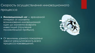 Скорость осуществления инновационного
процесса
 Инновационный лаг — временной
интервал от момента
возникновения инновационной
идеи до момента возврата
инвестиций (получение
положительной прибыли).
 От величины данного показателя
зависит результативность всего
процесса нововведений.
 