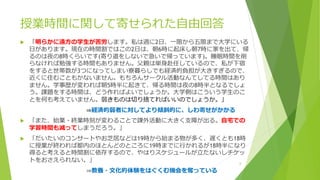 授業時間に関して寄せられた自由回答
 「明らかに遠方の学生が苦労します。私は週に2日、一限から五限まで大学にいる
日があります。現在の時間割ではこの2日は、朝6時に起床し朝7時に家を出て、帰
るのは夜の8時くらいです(寄り道をしないで急いで帰っています)。睡眠時間を削
らなければ勉強する時間もありません。父親は単身赴任しているので、私が下宿
をすると世帯数が3つになってしまい寮暮らしでも経済的負担が大きすぎるので、
近くに住むこともかないません。もちろんサークル活動なんてしてる時間はあり
ません。学事歴が変われば朝5時半に起きて、帰る時間は夜の8時半となるでしょ
う。課題をする時間は、どう作ればよいでしょうか。大学側はこういう学生のこ
とを何も考えていません。弱きものは切り捨てればいいのでしょうか。」
⇒経済的弱者に対してより傾斜的に、しわ寄せがかかる
 「また、始業・終業時刻が変わることで課外活動に大きく支障が出る。自宅での
学習時間も減ってしまうだろう。」
 「だいたいのコンサートやお芝居などは19時から始まる物が多く、遅くとも18時
に授業が終われば都内のほとんどのところに19時までに行かれるが18時半になり
得ると考えると時間割に依存するので、やはりスケジュールが立たないしチケッ
トをおさえられない。」
⇒教養・文化的体験をはぐくむ機会を奪っている
6
 