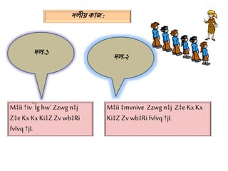 দলীয়কাজ:
দল-১
দল-২
M‡íi †iv¯Íg hw` Zzwg n‡j
Z‡e KxKxKi‡ZZvwb‡Ri
fvlvq †jL
M‡íi ‡mvnive Zzwg n‡j Z‡e KxKx
Ki‡ZZvwb‡Ri fvlvq †jL
 