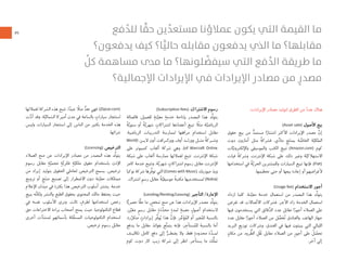 ٣١
:‫ﺍﻹﻳﺮﺍﺩﺍﺕ‬ ‫ﻣﺼﺎﺩﺭ‬ ‫ﻟﺘﻮﻟﻴﺪ‬ ‫ﺍﻟﻄﺮﻕ‬ ‫ﻣﻦ‬ ٌ‫ﺩ‬‫ﻋﺪ‬ ‫ﻫﻨﺎﻙ‬
(Asset sale) ‫ﺍﻷﺻﻮﻝ‬ ‫ﺑﻴﻊ‬
‫ﺣﻘﻮﻕ‬ ‫ﺑﻴﻊ‬ ‫ﻣﻦ‬ ‫ﱞ‬‫ﻣﺴﺘﻤﺪ‬ ‫ﺍ‬ً‫ﺍﻧﺘﺸﺎﺭ‬ ‫ﺍﻷﻛﺜﺮ‬ ‫ﺍﻹﻳﺮﺍﺩﺍﺕ‬ ‫ﻣﺼﺪﺭ‬ ‫ﱠ‬‫ﺇﻥ‬
‫ﺩﻭﺕ‬ ‫ﺃﻣﺎﺯﻭﻥ‬ ‫ﻣﺜﻞ‬ ٌ‫ﺔ‬‫ﻓﺸﺮﻛ‬ .‫ﻱ‬‫ﱢ‬‫ﺩ‬‫ﻣﺎ‬ ٍ‫ﺞ‬َ‫ﺘ‬‫ﺑﻤﻨ‬ ‫ﺔ‬ ‫ﱠ‬‫ﺍﻟﺨﺎﺻ‬ ‫ﺔ‬‫ﱠ‬‫ﺍﻟﻤﻠﻜﻴ‬
‫ﺎﺕ‬‫ﱠ‬‫ﻭﺍﻹﻟﻜﺘﺮﻭﻧﻴ‬ ‫ﻭﺍﻟﻤﻮﺳﻴﻘﻰ‬ ‫ﺍﻟﻜﺘﺐ‬ ‫ﺗﺒﻴﻊ‬ (Amazon.com) ‫ﻛﻮﻡ‬
‫ﻓﻴﺎﺕ‬ ُ‫ﺔ‬‫ﻭﺷﺮﻛ‬ .‫ﺍﻹﻧﺘﺮﻧﺖ‬ ‫ﺷﺒﻜﺔ‬ ‫ﻋﻠﻰ‬ ‫ﺫﻟﻚ‬ ‫ﻭﻏﻴﺮ‬ ‫ﺔ‬‫ﱠ‬‫ﺍﻻﺳﺘﻬﻼﻛﻴ‬
‫ﺍﺳﺘﺨﺪﺍﻣﻬﺎ‬ ‫ﻓﻲ‬ ُ‫ﺔ‬‫ﱠ‬‫ﺍﻟﺤﺮﻳ‬ ‫ﻭﻟﻠﻤﺸﺘﺮﻳﻦ‬ ‫ﺍﻟﺴﻴﺎﺭﺍﺕ‬ ‫ﺗﺒﻴﻊ‬ ‫ﻓﺈﻧﻬﺎ‬ ،(Fiat)
.‫ﺗﺤﻄﻴﻤﻬﺎ‬ ‫ﺣﺘﻰ‬ ‫ﺃﻭ‬ ‫ﺑﻴﻌﻬﺎ‬ ‫ﺇﻋﺎﺩﺓ‬ ‫ﺃﻭ‬ ‫ﻷﻏﺮﺍﺿﻬﻢ‬
(Usage fee) ‫ﺍﻻﺳﺘﺨﺪﺍﻡ‬ ‫ﺃﺟﻮﺭ‬
‫ﺍﺯﺩﺍﺩ‬ ‫ﻛﻠﻤﺎ‬ .‫ﻨﺔ‬‫ﱠ‬‫ﻣﻌﻴ‬ ‫ﺧﺪﻣﺔ‬ ‫ﺍﺳﺘﻌﻤﺎﻝ‬ ‫ﻣﻦ‬ ‫ﺍﻟﻤﺼﺪﺭ‬ ‫ﻫﺬﺍ‬ ‫ﱠﺪ‬‫ﻟ‬‫ﻳﺘﻮ‬
‫ﺗﻔﺮﺽ‬ ‫ﻗﺪ‬ ‫ﺼﺎﻻﺕ‬ّ‫ﺗ‬‫ﺍﻻ‬ ‫ﻓﺸﺮﻛﺎﺕ‬ .‫ﺍﻷﺟﺮ‬ ‫ﺯﺍﺩ‬ ‫ﺍﻟﺨﺪﻣﺔ‬ ‫ﺍﺳﺘﻌﻤﺎﻝ‬
‫ﻓﻴﻬﺎ‬ ‫ﻳﺴﺘﺨﺪﻣﻮﻥ‬ ‫ﺍﻟﺘﻲ‬ ‫ﻗﺎﺋﻖ‬‫ﱠ‬‫ﺍﻟﺪ‬ ‫ﻋﺪﺩ‬ ‫ﻣﻘﺎﺑﻞ‬ ‫ﺍ‬ً‫ﺃﺟﻮﺭ‬ ‫ﺍﻟﻌﻤﻼﺀ‬ ‫ﻋﻠﻰ‬
‫ﻋﺪﺩ‬ ‫ﻣﻘﺎﺑﻞ‬ ‫ﺍ‬ً‫ﺃﺟﻮﺭ‬ ‫ﺍﻟﻌﻤﻼﺀ‬ ‫ﻣﻦ‬ ‫ﻞ‬ ‫ﱢ‬‫ﺼ‬َ‫ﺤ‬ُ‫ﺗ‬ ‫ﻭﺍﻟﻔﻨﺎﺩﻕ‬ .‫ﺍﻟﻬﺎﺗﻒ‬ ‫ﺟﻬﺎﺯ‬
‫ﺍﻟﺒﺮﻳﺪ‬ ‫ﺗﻮﺯﻳﻊ‬ ‫ﻭﺷﺮﻛﺎﺕ‬ .‫ﺍﻟﻔﻨﺪﻕ‬ ‫ﻓﻲ‬ ‫ﻓﻴﻬﺎ‬ ‫ﻳﺒﻴﺘﻮﻥ‬ ‫ﺍﻟﺘﻲ‬ ‫ﺍﻟﻠﻴﺎﻟﻲ‬
ٍ‫ﻣﻜﺎﻥ‬ ‫ﻣﻦ‬ ‫ﺮﻭﺩ‬‫ﱡ‬‫ﺍﻟﻄ‬ ِ‫ﻞ‬ْ‫ﻘ‬َ‫ﻧ‬ ‫ﻣﻘﺎﺑﻞ‬ ‫ﺍﻟﻌﻤﻼﺀ‬ ‫ﻣﻦ‬ ٍ‫ﺭ‬‫ﺃﺟﻮ‬ ‫ﻋﻠﻰ‬ ُ‫ﻞ‬ ُ‫ﺗﺤﺼ‬
.‫ﺁﺧﺮ‬ ‫ﺇﻟﻰ‬
(Subscrip on fees) ‫ﺍﻻﺷﺘﺮﺍﻙ‬ ‫ﺭﺳﻮﻡ‬
‫ﻓﺎﻟﺼﺎﻟﺔ‬ .‫ﻟﻠﻌﻤﻴﻞ‬ ٍ‫ﻨﺔ‬‫ﱠ‬‫ﻣﻌﻴ‬ ٍ‫ﺧﺪﻣﺔ‬ ‫ﺑﺈﺗﺎﺣﺔ‬ ‫ﺍﻟﻤﺼﺪﺭ‬ ‫ﻫﺬﺍ‬ ‫ﱠﺪ‬‫ﻟ‬‫ﻳﺘﻮ‬
ً‫ﺔ‬‫ﱠ‬‫ﺳﻨﻮﻳ‬ ‫ﺃﻭ‬ ً‫ﺔ‬‫ﱠ‬‫ﺷﻬﺮﻳ‬ ٍ‫ﺍﺷﺘﺮﺍﻛﺎﺕ‬ ‫ﻫﺎ‬َ‫ﺃﻋﻀﺎﺀ‬ ‫ﺗﺒﻴﻊ‬ ً‫ﻣﺜﻼ‬ ‫ﺔ‬‫ﱠ‬‫ﺍﻟﺮﻳﺎﺿﻴ‬
.‫ﺍﻟﺮﻳﺎﺿﻴﺔ‬ ‫ﺍﻟﺘﺪﺭﻳﺒﺎﺕ‬ ‫ﻟﻤﻤﺎﺭﺳﺔ‬ ‫ﻣﺮﺍﻓﻘﻬﺎ‬ ‫ﺍﺳﺘﺨﺪﺍﻡ‬ ‫ﻣﻘﺎﺑﻞ‬
World) ‫ﻻﻳـﻦ‬ ‫ﺃﻭﻥ‬ ‫ﻛـﺮﺍﻓﺖ‬‫ﻭﻭﺭ‬ ‫ﺃﻭﻑ‬ ‫ﻭﻭﺭﻟـﺪ‬ ‫ﻣﺜـﻞ‬ ٌ‫ﺔ‬‫ﻭﺷـﺮﻛ‬
‫ﻋﻠﻰ‬ ‫ﻛﻤﺒﻴﻮﺗﺮ‬ ‫ﺃﻟﻌﺎﺏ‬ ‫ﺷﺮﻛﺔ‬ ‫ﻭﻫﻲ‬ ،(of Warcra Online
‫ﺷﺒﻜﺔ‬ ‫ﻋﻠﻰ‬ ‫ﺃﻟﻌﺎﺏ‬ ‫ﻣﻤﺎﺭﺳﺔ‬ ‫ﻟﻌﻤﻼﺋﻬﺎ‬ ‫ﺗﺘﻴﺢ‬ ،‫ﺍﻹﻧﺘﺮﻧﺖ‬ ‫ﺷﺒﻜﺔ‬
‫ﻛﺎﻣﺰ‬ ‫ﺧﺪﻣﺔ‬ ‫ﻭﺗﺘﻴﺢ‬ .‫ﺔ‬‫ﱠ‬‫ﺷﻬﺮﻳ‬ ٍ‫ﺍﺷﺘﺮﺍﻛﺎﺕ‬ ‫ﺭﺳﻮﻡ‬ ‫ﻣﻘﺎﺑﻞ‬ ‫ﺍﻹﻧﺘﺮﻧﺖ‬
‫ﻧﻮﻛﻴﺎ‬ ‫ﺷﺮﻛﺔ‬ ‫ﱢﺮﻫﺎ‬‫ﻓ‬‫ﺗﻮ‬ ‫ﺍﻟﺘﻲ‬ (Comes with Music) ‫ﻣﻴﻮﺯﻳﻚ‬ ‫ﻭﻳﺬ‬
.‫ﺍﺷﺘﺮﺍﻙ‬ ِ‫ﺭﺳﻢ‬ ‫ﻣﻘﺎﺑﻞ‬ ً‫ﺔ‬‫ﱠ‬‫ﻣﻮﺳﻴﻘﻴ‬ ً‫ﺔ‬‫ﻣﻜﺘﺒ‬ ‫ﻟﻤﺴﺘﺨﺪﻣﻴﻬﺎ‬ (Nokia)
(Lending/Ren ng/Leasing) ‫ﺍﻟﺘﺄﺟﻴﺮ‬ /‫ﺍﻹﻋﺎﺭﺓ‬
‫ﺎ‬ًّ‫ﺣﺼﺮﻳ‬ ‫ﺎ‬ًّ‫ﺣﻘ‬ ‫ﻣﺎ‬ ٍ‫ﺷﺨﺺ‬ ‫ﻣﻨﺢ‬ ‫ﻋﻦ‬ ‫ﻫﺬﺍ‬ ‫ﺍﻹﻳﺮﺍﺩﺍﺕ‬ ‫ﻣﺼﺪﺭ‬ ‫ﱠﺪ‬‫ﻟ‬‫ﻳﺘﻮ‬
.‫ﻦ‬‫ﱠ‬‫ﻴ‬َ‫ﻣﻌ‬ ٍ‫ﺭﺳﻢ‬ ‫ﻣﻘﺎﺑﻞ‬ ٍ‫ﺓ‬َ‫ﺩ‬‫ﱠ‬‫ﻣﺤﺪ‬ ٍ‫ﻟﻤﺪﺓ‬ ٍ‫ﻣﻌﻴﻨﺔ‬ ٍ‫ﺃﺻﻮﻝ‬ ‫ﻻﺳﺘﺨﺪﺍﻡ‬
.‫ﺭﺓ‬‫ﱢ‬‫ﻣﺘﻜﺮ‬ ٍ‫ﺇﻳﺮﺍﺩﺍﺕ‬ ‫ﱢﺮ‬‫ﻓ‬‫ﻮ‬ُ‫ﻳ‬ ‫ﻫﺬﺍ‬ ‫ﱠ‬‫ﻓﺈﻥ‬ ،‫ﺮ‬‫ﱢ‬‫ﺟ‬َ‫ﺆ‬ُ‫ﺍﻟﻤ‬ ‫ﺃﻭ‬ ‫ﻌﻴﺮ‬ُ‫ﻟﻠﻤ‬ ‫ﺑﺎﻟﻨﺴﺒﺔ‬
‫ﻳﺪﻓﻊ‬ ‫ﻣﺎ‬ ‫ﻣﻘﺎﺑﻞ‬ َ‫ﺑﻔﻮﺍﺋﺪ‬ ‫ﻊ‬‫ﱠ‬‫ﺘ‬‫ﻳﺘﻤ‬ ‫ﻓﺈﻧﻪ‬ ،‫ﺮ‬ِ‫ﺟ‬‫ﺴﺘﺄ‬ُ‫ﻟﻠﻤ‬ ‫ﺑﺎﻟﻨﺴﺒﺔ‬ ‫ﺃﻣﺎ‬
‫ﺗﻜﺎﻟﻴـﻒ‬ ‫ﻛﺎﻣﻞ‬ ‫ﺩﻓﻊ‬ ‫ﺇﻟﻰ‬ ‫ﱡ‬‫ﻳﻀﻄـﺮ‬ ‫ﻭﻻ‬ ،‫ﻓﻘﻂ‬ ٍ‫ﻣﺤﺪﻭﺩﺓ‬ ‫ﺓ‬‫ﱠ‬‫ﻟﻤـﺪ‬
‫ﻛﻮﻡ‬ ‫ﺩﻭﺕ‬ ‫ﻛﺎﺭ‬ ‫ﺯﻳﭗ‬ ‫ﺷﺮﻛﺔ‬ ‫ﺇﻟﻰ‬ ‫ﺍﻧﻈﺮ‬ .‫ﻳﺴﺘﺄﺟﺮ‬ ‫ﻣﺎ‬ ‫ﱡﻚ‬‫ﻠ‬‫ﺗﻤ‬
‫ﻓﻊ‬َّ‫ﻟﻠﺪ‬ ‫ﺎ‬ ًّ‫ﺣﻘ‬ ‫ﻳﻦ‬ِّ‫ﻣﺴﺘﻌﺪ‬ ‫ﻋﻤﻼؤﻧﺎ‬ ‫ﻳﻜﻮن‬ ‫اﻟﺘﻲ‬ ‫اﻟﻘﻴﻤﺔ‬ ‫ﻣﺎ‬
‫ﻳﺪﻓﻌﻮن؟‬ ‫ﻛﻴﻒ‬ ‫ﺎ؟‬ًّ‫ﻴ‬‫ﺣﺎﻟ‬ ‫ﻣﻘﺎﺑﻠﻪ‬ ‫ﻳﺪﻓﻌﻮن‬ ‫اﻟﺬي‬ ‫ﻣﺎ‬ ‫ﻣﻘﺎﺑﻠﻬﺎ؟‬
ِّ‫ﻛﻞ‬ ‫ﻣﺴﺎﻫﻤﺔ‬ ‫ﻣﺪى‬ ‫ﻣﺎ‬ ‫ﻠﻮﻧﻬﺎ؟‬ ِّ‫ﺳﻴﻔﻀ‬ ‫اﻟﺘﻲ‬ ‫ﻓﻊ‬َّ‫اﻟﺪ‬ ‫ﻃﺮﻳﻘﺔ‬ ‫ﻣﺎ‬
‫اﻹﺟﻤﺎﻟﻴﺔ؟‬ ‫اﻹﻳﺮادات‬ ‫ﻓﻲ‬ ‫اﻹﻳﺮادات‬ ‫ﻣﺼﺎدر‬ ‫ﻣﻦ‬ ٍ‫ر‬‫ﻣﺼﺪ‬
‫ﻟﻌﻤﻼﺋﻬﺎ‬ ‫ﺍﻟﺸﺮﻛﺔ‬ ‫ﻫﺬﻩ‬ ‫ﺗﺘﻴﺢ‬ .‫ﺍ‬ً‫ﺟﻴﺪ‬ ً‫ﻣﺜﻼ‬ ‫ﱡ‬‫ﺗﻌﺪ‬ ‫ﻓﻬﻲ‬ ،(Zipcar.com)
‫ﺕ‬‫ﱠ‬‫ﺩ‬‫ﺃ‬ ‫ﻭﻗﺪ‬ .‫ﺔ‬‫ﱠ‬‫ﺍﻟﺸﻤﺎﻟﻴ‬ ‫ﺃﻣﻴﺮﻛﺎ‬ ‫ﻣﺪﻥ‬ ‫ﻓﻲ‬ ‫ﺑﺎﻟﺴﺎﻋﺔ‬ ٍ‫ﺳﻴﺎﺭﺍﺕ‬ ‫ﺍﺳﺘﺌﺠﺎﺭ‬
‫ﻭﻟﻴﺲ‬ ‫ﺍﻟﺴﻴﺎﺭﺍﺕ‬ ‫ﺍﺳﺘﺌﺠﺎﺭ‬ ‫ﺇﻟﻰ‬ ‫ﺍﻟﻨﺎﺱ‬ ‫ﻣﻦ‬ ‫ﺑﻜﺜﻴﺮ‬ ‫ﺍﻟﺨﺪﻣﺔ‬ ‫ﻫﺬﻩ‬
.‫ﺷﺮﺍﺋﻬﺎ‬
(Licensing) ‫ﺍﻟﺘﺮﺧﻴﺺ‬
‫ﺍﻟﻌﻤﻼﺀ‬ ‫ﻣﻨﺢ‬ ‫ﻋﻦ‬ ‫ﺍﻹﻳﺮﺍﺩﺍﺕ‬ ‫ﻣﺼﺎﺩﺭ‬ ‫ﻣﻦ‬ ‫ﺍﻟﻤﺼﺪﺭ‬ ‫ﻫﺬﻩ‬ ‫ﱠﺪ‬‫ﻟ‬‫ﻳﺘﻮ‬
‫ﺭﺳﻮﻡ‬ ‫ﻣﻘﺎﺑﻞ‬ ٍ‫ﺔ‬‫ﱠ‬‫ﺤﻤﻴ‬َ‫ﻣ‬ ٍ‫ﺔ‬‫ﱠ‬‫ﻓﻜﺮﻳ‬ ٍ‫ﺔ‬‫ﱠ‬‫ﻣﻠﻜﻴ‬ ‫ﺣﻘﻮﻕ‬ ‫ﺑﺎﺳﺘﺨﺪﺍﻡ‬ ‫ﺍﻹﺫﻥ‬
‫ﻣﻦ‬ ‫ﺇﻳﺮﺍﺩ‬ ‫ﺑﺘﻮﻟﻴﺪ‬ ‫ﺍﻟﺤﻘﻮﻕ‬ ‫ﻟﺤﺎﻣﻠﻲ‬ ‫ﺍﻟﺘﺮﺧﻴﺺ‬ ‫ﻳﺴﻤﺢ‬ .‫ﺗﺮﺧﻴﺺ‬
‫ﺗﺮﻭﻳﺞ‬ ‫ﺃﻭ‬ ٍ‫ﺞ‬َ‫ﺘ‬‫ﻣﻨ‬ ‫ﺗﺼﻨﻴﻊ‬ ‫ﺇﻟﻰ‬ ‫ﺍﻻﺿﻄﺮﺍﺭ‬ ‫ﺩﻭﻥ‬ ‫ﻨﺔ‬‫ﱠ‬‫ﻣﻌﻴ‬ ‫ﻣﻤﺘﻠﻜﺎﺕ‬
‫ﺍﻹﻋﻼﻡ‬ ‫ﻣﻴﺪﺍﻥ‬ ‫ﻓﻲ‬ ‫ﺑﻜﺜﺮﺓ‬ ‫ﻫﺬﺍ‬ ‫ﺍﻟﺘﺮﺧﻴﺺ‬ ‫ﺃﺳﻠﻮﺏ‬ ‫ﻳﻨﺘﺸﺮ‬ .‫ﺧﺪﻣﺔ‬
‫ﻳﺒﻴﻊ‬ ‫ﻪ‬‫ﱠ‬‫ﻨ‬‫ﻭﻟﻜ‬ ‫ﻭﺍﻟﻨﺸﺮ‬ ‫ﺍﻟﻄﺒﻊ‬ ‫ﺑﺤﻘﻮﻕ‬ ‫ﺍﻟﻤﺤﺘﻮﻯ‬ ‫ﻣﺎﻟﻚ‬ ‫ﻳﺤﺘﻔﻆ‬ ‫ﺣﻴﺚ‬
‫ﻓﻲ‬ ‫ﻧﻔﺴﻪ‬ ‫ﺍﻷﺳﻠﻮﺏ‬ ‫ﻭﻧﺮﻯ‬ .‫ﺛﺎﻟﺚ‬ ٍ‫ﻟﻄﺮﻑ‬ ‫ﺍﺳﺘﺨﺪﺍﻣﻬﺎ‬ ‫ﺭﺧﺺ‬
‫ﺣﻖ‬ ‫ﺍﻻﺧﺘﺮﺍﻋﺎﺕ‬ ‫ﺑﺮﺍﺀﺓ‬ ‫ﺃﺻﺤﺎﺏ‬ ‫ﻳﻤﻨﺢ‬ ‫ﺣﻴﺚ‬ ،‫ﺍﻟﺘﻜﻨﻮﻟﻮﺟﻴﺎ‬ ‫ﻗﻄﺎﻉ‬
‫ﺃﺧﺮﻯ‬ ‫ﻟﻤﻨﺸﺂﺕ‬ ‫ﺑﺄﺳﻤﺎﺋﻬﻢ‬ ‫ﻠﺔ‬‫ﱠ‬‫ﺍﻟﻤﺴﺠ‬ ‫ﺍﻟﺘﻜﻨﻮﻟﻮﺟﻴﺎﺕ‬ ‫ﺍﺳﺘﺨﺪﺍﻡ‬
.‫ﺗﺮﺧﻴﺺ‬ ‫ﺭﺳﻮﻡ‬ ‫ﻣﻘﺎﺑﻞ‬
 