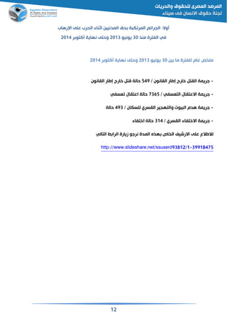 12
:‫وال‬‫الجرائم‬‫الحرب‬ ‫اثناء‬ ‫المدنيين‬ ‫حم‬ ‫ة‬ ‫ك‬ ‫المر‬‫على‬‫رهاب‬ ‫ا‬
‫في‬‫منذ‬ ‫الفترة‬31‫يونيو‬2113‫وحتى‬‫ر‬ ‫التو‬ ‫نهاية‬2114
‫ص‬ ‫مل‬‫للفترة‬ ‫عام‬‫ين‬ ‫ما‬31‫يونيو‬2113‫نهاية‬ ‫وحتى‬‫ر‬ ‫التو‬2114
-/ ‫القانون‬ ‫إطار‬ ‫خارج‬ ‫القت‬ ‫جريمة‬549‫القانون‬ ‫إطار‬ ‫خارج‬ ‫مت‬ ‫حالة‬
-‫جريمة‬‫االعتقال‬/ ‫التقسفي‬7365‫حالة‬‫اعتقال‬‫قسفي‬
-/ ‫للسكان‬ ‫القسري‬ ‫والتهجير‬ ‫يوت‬ ‫ال‬ ‫هدم‬ ‫جريمة‬493‫حالة‬
-‫جريمة‬‫االختفاء‬‫القسري‬/314‫حالة‬‫اختفاء‬
‫لالطالع‬‫على‬‫ز‬ ‫نرجو‬ ‫المدة‬ ‫هذه‬ ‫اص‬ ‫ال‬ ‫االرشيف‬‫التالي‬ ‫الرا‬ ‫يارة‬
39918475-http://www.slideshare.net/ssuserd93812/1
 