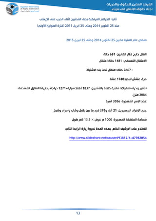 13
:‫ثانيا‬‫حم‬ ‫ة‬ ‫ك‬ ‫المر‬ ‫الجرائم‬‫اثناء‬ ‫المدنيين‬‫الحرب‬‫على‬‫رهاب‬ ‫ا‬
‫منذ‬25‫ر‬ ‫االتو‬2114‫وحتى‬25‫ري‬ ‫ا‬2115‫(فترة‬‫وا‬ ‫ال‬‫رئ‬)‫اسولي‬
‫للفترة‬ ‫عام‬ ‫ص‬ ‫مل‬‫ين‬ ‫ما‬25‫ر‬ ‫االتو‬2114‫وحتى‬25‫ري‬ ‫ا‬2115
‫إطار‬ ‫خارج‬ ‫القت‬:‫القانون‬681‫حالة‬
‫االعتقال‬:‫التقسفي‬1481‫اعتقال‬ ‫حالة‬
:2667‫حالة‬‫ند‬ ‫حت‬ ‫اعتقال‬‫اه‬ ‫االشت‬
:‫دو‬ ‫لل‬ ‫عشش‬ ‫حرق‬1741‫عشة‬
‫خاصة‬ ‫مادية‬ ‫منقوالت‬ ‫وحرق‬ ‫دمير‬‫المدني‬:‫ين‬1837(566‫سيارة‬-1271‫دراجة‬‫المنازل‬ )‫ارية‬:‫المهدمة‬
2184‫منزل‬
‫االسر‬ ‫عدد‬:‫المهجرة‬3156‫اسرة‬
‫االفراد‬ ‫عدد‬:‫المهجرين‬21‫لف‬‫و‬392‫ما‬ ‫فرد‬‫طف‬ ‫ين‬‫وشيخ‬ ‫وإمراه‬ ‫وشاب‬
‫قة‬ ‫المن‬ ‫مساحة‬:‫المهجرة‬1111‫عرض‬ ‫م‬×13.5‫طول‬ ‫الم‬
‫لالطالع‬‫على‬‫المدة‬ ‫هذه‬ ‫اص‬ ‫ال‬ ‫االرشيف‬‫نجروا‬‫زيا‬‫التالي‬ ‫الرا‬ ‫رة‬
47982054-http://www.slideshare.net/ssuserd93812/6
 