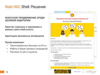 10 client.fut.ru
ФОКУСНОЕ ПРОДВИЖЕНИЕ СРЕДИ
ЦЕЛЕВОЙ АУДИТОРИИ
Простая страница о программе в
рамках сайта shell.com/ru
Адаптация рекламных материалов
Промо-кампания:
• Таргетированные баннеры на hh.ru
• Работа с базой целевых кандидатов
• Реклама по ЦА в соцсетях
Кейс №2: Shell. Решение
 