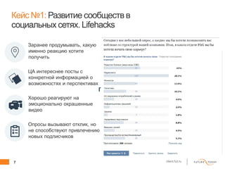 7 client.fut.ru
Кейс №1: Развитие сообществ в
социальных сетях. Lifehacks
Заранее продумывать, какую
именно реакцию хотите
получить
ЦА интереснее посты с
конкретной информацией о
возможностях и перспективах
Хорошо реагируют на
эмоционально окрашенные
видео
Опросы вызывают отклик, но
не способствуют привлечению
новых подписчиков
НРАВИТСЯ
ПОДЕЛИТЬСЯ
ПЕРЕЙТИ
НА САЙТ
КОММЕНТИРОВАТЬ
 