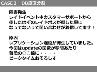 CASE２ DB垂直分割
障害発生
レイドイベント中カスタマーサポートから
倒したはずのレイドボスが倒した事に
なってないって問い合わせが着信してます！
原因
レプリケーション遅延が発生していました。
今回はupdateの回数が秒間あたり
普段の○○倍に・・・・
ピークタイムおそろしす
 