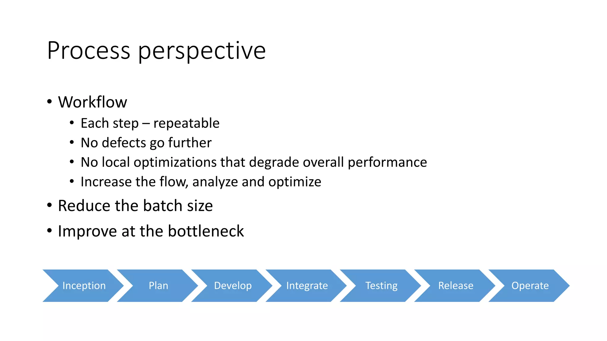 Process perspective
• Workflow
• Each step – repeatable
• No defects go further
• No local optimizations that degrade overall performance
• Increase the flow, analyze and optimize
• Reduce the batch size
• Improve at the bottleneck
Inception Plan Develop Integrate Testing Release Operate
 