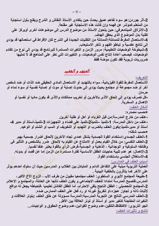 ~ 9 ~
1-‫جوردن‬ ‫أثر‬‫يتفا‬ ‫حين‬ ‫يحدث‬ ‫عميق‬ ‫تفاهم‬ ‫سوء‬ ‫:هو‬‫دى‬‫األستاذ‬‫و‬ ‫النقاش‬‫بأ‬ ‫ويقنع‬ ‫الشرح‬‫استجابة‬ ‫ول‬
‫ال‬ ‫من‬‫م‬‫كمؤشر‬ ‫تعلم‬.‫مقنعة‬ ‫غير‬ ‫االستجابة‬ ‫هذه‬ ‫كانت‬ ‫وإن‬ ‫فهمه‬ ‫عن‬
3-‫يتحول‬ ‫حين‬ :‫الميتامعرفي‬ ‫االنزالق‬‫االستاذ‬‫الدرس‬ ‫موضوع‬ ‫من‬‫إلى‬‫موضوعات‬‫أخرى‬‫أ‬‫و‬‫يركز‬‫على‬
‫بدل‬ ‫تقنية‬.‫الهدف‬ ‫يحقق‬ ‫الذي‬ ‫الموضوع‬
1-‫للممائلة:المم‬ ‫المفرط‬ ‫االستعمال‬‫م‬ ‫ائلة‬‫في‬ ‫الجديدة‬ ‫التقنيات‬ ‫ن‬‫ال‬‫لكن‬ ‫شرح‬‫اإلفراط‬‫يؤدي‬ ‫قد‬ ‫استعمالها‬ ‫في‬
‫إلى‬‫نتائج‬‫و‬ ‫الفهم‬ ‫تباطؤ‬ ‫و‬ ‫عكسية‬‫تأخر‬.‫االستيعاب‬
5-‫مرور‬ :‫التعليمية‬ ‫الوضعيات‬ ‫شيخوخة‬‫يؤدي‬ ‫قد‬ ‫للبرنامج‬ ‫المستمرة‬ ‫التغيرات‬ ‫و‬ ‫الزمن‬‫إ‬‫ل‬‫ى‬‫تقادم‬ ‫من‬ ‫نوع‬
‫ا‬‫فيصعب‬ ،‫لوضعيات‬‫أعادة‬‫إنتاج‬‫التي‬ ‫التغييرات‬ ‫و‬ ،‫الوضعيات‬ ‫نفس‬‫تطر‬‫تمليها‬ ‫ال‬ ‫قد‬ ‫المناهج‬ ‫على‬
‫ض‬‫ف‬ ‫تربوية‬ ‫روريات‬‫فقط‬ ‫موضة‬ ‫تكون‬ ‫قد‬
‫الشغب‬‫و‬ ‫العنف‬
‫التعريف‬:
‫االستعما‬‫ل‬‫الفيزيائي‬ ‫للقوة‬ ‫المفرط‬‫ة‬‫بالتهديد‬ ‫سواء‬ ،‫أو‬‫الذات‬ ‫ضد‬ ‫الحقيقي‬ ‫المادي‬ ‫االستعمال‬‫أو‬‫شخص‬ ‫ضد‬
‫آ‬‫خر‬‫مجموعة‬ ‫ضد‬ ‫أو‬‫أو‬‫يؤدي‬ ‫بحيث‬ ‫مجتمع‬‫إلى‬‫حدوث‬‫إصابة‬‫أو‬‫موت‬‫أو‬‫إصابة‬‫نفسية‬‫أو‬‫نماء‬ ‫سوء‬‫أو‬
‫حرمان‬
-‫يؤدي‬ ‫تصرف‬ ‫كل‬‫إلى‬‫إلحاق‬‫باآلخرين‬ ‫األذى‬‫أو‬‫و‬ ‫ممتلكات‬ ‫تخريب‬‫ماديا‬ ‫يكون‬ ‫قد‬ ‫األذى‬‫أو‬‫نفسيا‬‫أو‬
‫اإلهمال‬.‫السخرية‬ ‫و‬
‫أشكال‬:‫العنف‬
×:‫مصدره‬ ‫حسب‬
-‫الغرباء‬ ‫قبل‬ ‫المدرسة:من‬ ‫خارج‬ ‫من‬ ‫عنف‬‫أو‬‫أهل‬‫آو‬‫طلبة‬‫آخرين‬.
-‫من‬ ‫عنف‬:‫المدرسة‬ ‫داخل‬1-‫تلميذ‬–‫تلميذ‬1-‫التجهيزات‬ ‫و‬ ‫فضاء‬ ‫على‬ ‫تلميذ‬3-‫تلميذ‬-‫مدير‬ ‫أو‬ ‫أستاذ‬1-
‫أو‬ ‫أستاذ‬‫مدير‬-‫ا‬ ‫بالضرب‬ ‫العنف‬ ‫تلميذ:يكون‬‫الوعيد‬ ‫أو‬ ‫الشتم‬ ‫أو‬ ‫السب‬ ‫أو‬ ‫التخويف‬ ‫أو‬ ‫التهديد‬ ‫و‬.
×:‫شكله‬ ‫حسب‬
1-‫تجاه‬ ‫عمدي‬ ‫بشكل‬ ‫الجسدية‬ ‫القوة‬ ‫الجسدي:استخدام‬ ‫العنف‬‫إل‬ ‫اآلخرين‬‫أضرار‬ ‫لحاق‬.‫بهم‬ ‫جسمية‬
1-‫بعمل‬ ‫القيام‬ ‫خالل‬ ‫من‬ :‫النفسي‬ ‫العنف‬‫أو‬‫به‬ ‫القيام‬ ‫عن‬ ‫االمتناع‬‫في‬ ‫التأثير‬ ‫و‬ ‫بالشخص‬ ‫ضرر‬ ‫إللحاق‬
‫الجسدية،فرض‬ ‫و‬ ‫الذهنية‬ ، ‫الوجدانية‬ ‫و‬ ‫السلوكية‬ ‫وظائفه‬‫الرأي‬‫بالقوة‬.‫نفسيا‬ ‫عنفا‬ ‫يعتبر‬
3-‫اإلهمال‬‫الطفل‬ ‫حاجيات‬ ‫تلبية‬ ‫عدم‬ ‫هو‬ :‫األساسية‬‫الزمن‬ ‫من‬ ‫مستمرة‬ ‫لفترة‬‫إ‬‫ما‬‫قصد‬ ‫عن‬‫أو‬.‫بدونه‬
1-.‫القوة‬ ‫باستخدام‬ ‫الجنسي‬ ‫االستغالل‬
‫أسباب‬:‫المدارس‬ ‫في‬ ‫العنف‬
‫م‬ ‫التربوية‬ ‫العملية‬‫حيث‬ ‫المدرسين‬ ‫و‬ ‫الطالب‬ ‫بين‬ ‫المتبادل‬ ‫و‬ ‫الدائم‬ ‫التفاعل‬ ‫على‬ ‫بنية‬‫أن‬‫يؤثر‬ ‫احدهم‬ ‫سلوك‬
‫على‬‫اآل‬‫خر‬‫يتأثرو‬ ‫كما‬‫ن‬. ‫البيئية‬ ‫بالخلفية‬
1-‫المجتمع‬ ‫طبيعة‬‫األبوي‬‫طرف‬ ‫من‬ ‫مقبول‬ ‫مجتمعيا‬ ‫العنف‬ :‫السلطوي‬ ‫و‬‫األب‬‫الزوج‬ ،‫األخ‬‫األكبر‬،
‫و‬ ‫والمجتمع‬ ،‫العائلة‬ ‫عن‬ ‫ناتجا‬ ‫العنف‬ ‫يكون‬ ‫و‬ ‫االجتماعي‬ ‫للعنف‬ ‫امتدادا‬ ‫المدرسة‬ ‫المدرس،فتصبح‬‫اإلعالم‬.
1-،‫االحترام‬ ‫يلقى‬ ‫الناجح‬ ‫الطفل‬ : ‫التحصيلي‬ ‫المجتمع‬‫أما‬، ‫تعليميا‬ ‫الفاشل‬ ‫الطفل‬‫دوافع‬ ‫له‬ ‫يجعل‬ ‫فإحباطه‬
‫إل‬،‫عجزه‬ ‫تجاوز‬ ‫و‬ ‫ذاته‬ ‫ثباث‬‫أو‬‫لتفر‬‫فعل‬ ‫رد‬ ‫او‬ ‫غيرته‬ ‫يغ‬.‫ضده‬ ‫الممارس‬ ‫العنف‬ ‫على‬
3-:‫المدرسية‬ ‫التجربة‬ ‫عن‬ ‫الناتج‬ ‫المدرسي‬ ‫العنف‬‫:بتوت‬ ‫العنف‬ ‫خلق‬ ‫عن‬ ‫مسؤولة‬ ‫المدرسة‬‫و‬ ‫العالقات‬ ‫ر‬
‫ك‬ ‫المفاجئة‬ ‫التغيرات‬‫مدير‬ ‫تغير‬‫أو‬‫أستاذ‬‫أو‬‫بين‬ ‫العالقة‬ ‫توتر‬‫األطر‬.
‫ا‬ ‫الجو‬...‫الواجبات‬ ‫و‬ ‫الحقوق‬ ‫وضوح‬ ‫القوانين،عدم‬ ‫وضوح‬ ‫االكتظاظ،التلقين،عدم‬ :‫لتربوي‬
‫و‬ ‫نتائج‬‫تأثيرات‬:‫العنف‬
 