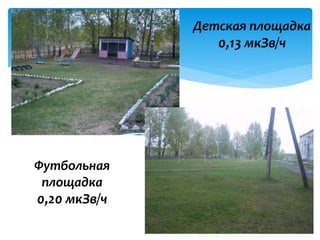 Детская площадка
0,13 мкЗв/ч
Футбольная
площадка
0,20 мкЗв/ч
 