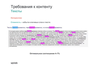 Требования к контенту
Тексты
Непереспам
Спамность – избыток ключевых слов в тексте.
Оптимальное соотношение 4–7%
 