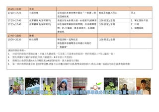 15:20~15:40 茶敘
17:10~17:25 小組共備 從完成的本章架構中選定「一節課」撰
寫四格教案.
教室及負責人同上 同上
17:25~17:40 成果觀摩 A(海報展示) 各組分為 A.B 兩大組，A 組展示(組員須
站在海報旁解說回答問題)，B 組觀摩提
問；15 分鐘後，換 B 組展示，A 組觀
摩提問.
(108 教室)/全體 1. 幫忙張貼作品
2. 計時
3. 隨機協助
17:25~17:40 成果觀摩 B(海報展示) (108 教室)/全體
17:40~19:00 晚餐
19:00~20:30 軟性時間 聯誼活動、拉幫結派
請各路英雄攜帶各地特產以利進行
”食宴客”
(108 教室)/全體
講師群課前準備---
1. 分組可於錄取名單確定後，於線上先調查第一天及第二天欲參加的組別，再於現場以三~四人編成一組。
2. 預先準備好示範的章節(七年級月鈴提供、8.9 年級小 P 提供)。
3. 預備空白教學計畫(A3)及四格教案(A3) (月鈴提供、請大會預先印製)
4. 第一章的教學計畫草案 (含教學目標.評量方法.時數及順序安排,教學資源如影片.教具.活動…)(請各年級主負責教師準備)
 