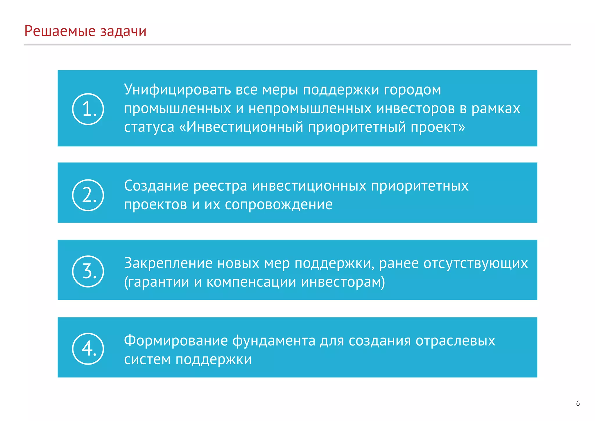 6
Решаемые задачи
Унифицировать все меры поддержки городом
промышленных и непромышленных инвесторов в рамках
статуса «Инвестиционный приоритетный проект»
Создание реестра инвестиционных приоритетных
проектов и их сопровождение
Закрепление новых мер поддержки, ранее отсутствующих
(гарантии и компенсации инвесторам)
Формирование фундамента для создания отраслевых
систем поддержки
1.
2.
3.
4.
 