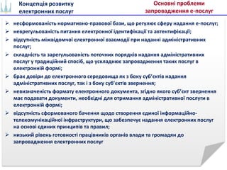 Концепція розвитку
електронних послуг
Основні проблеми
запровадження е-послуг
 несформованість нормативно-правової бази, ...
