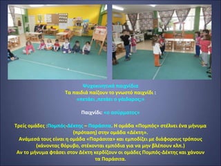 Ψυχοκινητικά παιχνίδια
Τα παιδιά παίζουν το γνωστό παιχνίδι :
«πετάει ,πετάει ο γάιδαρος;»
Παιχνίδι: «ο ασύρματος»
Τρείς ομάδες :Πομπός-Δέκτης – Παράσιτα. Η ομάδα «Πομπός» στέλνει ένα μήνυμα
(πρόταση) στην ομάδα «Δέκτη».
Ανάμεσά τους είναι η ομάδα «Παράσιτα» και εμποδίζει με διάφορους τρόπους
(κάνοντας θόρυβο, στέκονται εμπόδια για να μην βλέπουν κλπ.)
Αν το μήνυμα φτάσει στον Δέκτη κερδίζουν οι ομάδες Πομπός-Δέκτης και χάνουν
τα Παράσιτα.
 