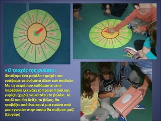 «Ο τροχός της φιλίας».
Φτιάξαμε ένα μεγάλο «τροχό» και
γράψαμε τα ονόματα όλων των παιδιών.
Με τη σειρά που καθόμαστε στην
παρέβαλα ξεκινάει το πρώτο παιδί και
γυρίζει (χωρίς να κοιτάει) το βελάκι. Το
παιδί που θα δείξει το βέλος, θα
τραβήξει από ένα κουτί μια εικόνα από
μια «γωνιά» στην οποία θα παίξουν μαζί
(ζευγάρι)
 