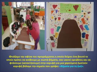 Φτιάξαμε την αφίσα του προγράμματος η οποία δείχνει ένα βουνό το
οποίο πρέπει να ανέβουμε με σωστά βήματα, σαν ικανοί ορειβάτες και να
φτάσουμε (κατακτήσουμε) στην κορυφή για μια χαρούμενη ζωστούν
κορυφή βάλαμε την σημαία που γράφει «Βήματα για τη ζωή».
 