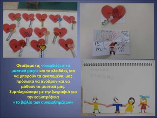 Φτιάξαμε τις <<καρδιές με τα
μυστικά μας>> και το κλειδάκι, για
να μπορούν τα αγαπημένα μας
πρόσωπα να ανοίξουν και να
μάθουν τα μυστικά μας.
Συμπληρώσαμε με την ζωγραφιά για
την εσωστρέφεια
«Το βιβλίο των συναισθημάτων»
 