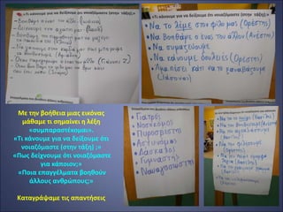 Με την βοήθεια μιας εικόνας
μάθαμε τι σημαίνει η λέξη
«συμπαραστέκομαι».
«Τι κάνουμε για να δείξουμε ότι
νοιαζόμαστε (στην τάξη) ;»
«Πως δείχνουμε ότι νοιαζόμαστε
για κάποιον;»
«Ποια επαγγέλματα βοηθούν
άλλους ανθρώπους;»
Καταγράψαμε τις απαντήσεις
 