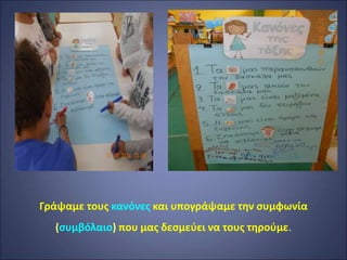 Γράψαμε τους κανόνες και υπογράψαμε την συμφωνία
(συμβόλαιο) που μας δεσμεύει να τους τηρούμε.
 