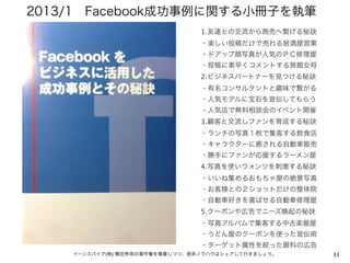 11イーンスパイア(株) 横田秀珠の著作権を尊重しつつ、是非ノウハウはシェアして行きましょう。
1.友達との交流から商売へ繋げる秘訣
・楽しい投稿だけで売れる居酒屋営業
・ドアップ顔写真が人気のＰＣ修理屋
・投稿に素早くコメントする旅館女将
2.ビジネスパートナーを見つける秘訣
・有名コンサルタントと趣味で繋がる
・人気モデルに宝石を宣伝してもらう
・人気店で無料相談会のイベント開催
3.顧客と交流しファンを育成する秘訣
・ランチの写真１枚で集客する飲食店
・キャラクターに癒される自動車販売
・勝手にファンが応援するラーメン屋
4.写真を使いウォンツを刺激する秘訣
・いいね集めるおもちゃ屋の絶景写真
・お客様との２ショットだけの整体院
・自動車好きを喜ばせる自動車修理屋
5.クーポンや広告でニーズ喚起の秘訣
・写真アルバムで集客する中古楽器屋
・うどん屋のクーポンを使った宣伝術
・ターゲット属性を絞った眼科の広告
2013/1 Facebook成功事例に関する小冊子を執筆
 