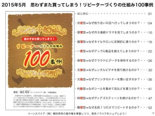 イーンスパイア（株）横田秀珠の著作権を尊重しつつ、是非ノウハウをシェアしよう！ 12
2015年5月 思わずまた買ってしまう！リピーターづくりの仕組み100事例
・はじめに・・・・・・・・・・・・・・・・・・・・
・共感型 なぜ知り合いの店へ行ってしまうのか？・・・
・習慣型 なぜ月９連続ドラマを見てしまうのか？・・・
・循環型 なぜネイルサロンに定期的に通うのか？・・・
・一貫型 なぜアップル製品を揃えてしまうのか？・・・
・保管型 なぜクラウドにデータを保存するのか？・・・
・交換型 なぜレンタルビデオを借り続けるのか？・・・
・欠陥型 なぜプリンタのトナーを買い足すのか？・・・
・利勘型 なぜシールを集めて皿などを貰うのか？・・・
・時間型 なぜディアゴスティーニを続けるのか？・・・
・難関型 なぜ名前１つだけでリピートするのか？・・・
01
04
10
16
22
26
30
36
41
47
52
 