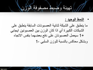 ‫الوزن‬ ‫مصفوفة‬ ‫وضبط‬ ‫تهيئة‬
•: ‫الوحيد‬ ‫النمط‬
‫على‬ ‫ينطبق‬ ‫السابقة‬ ‫العصبونا ت‬ ‫بثنائية‬ ‫الشبكة‬ ‫على‬ ‫ينطبق‬ ‫ما‬
‫ايجابي‬ ‫العصبونين‬ ‫بين‬ ‫الوزن‬ ‫كان‬ ‫اذا‬ ‫أي‬ ‫الكبيرة‬ ‫الشبكا ت‬
+1‫التجاه‬ ‫بنفس‬ ‫بعضهما‬ ‫دفع‬ ‫على‬ ‫العصبونان‬ ‫سيعمل‬
- ‫السلبي‬ ‫للوزن‬ ‫بالنسبة‬ ‫معاكس‬ ‫وبشكل‬1
 