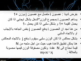 •‫عصبون‬ : ‫لدينا‬ ‫بفرض‬i‫عصبون‬ ‫مع‬ ‫متصل‬j+ ‫بوزن‬1
•‫العصبون‬ ‫يساهم‬i‫كان‬ ‫اذا‬ ‫ايجابي‬ ‫بشكل‬ ‫الوزن*الدخل‬ ‫بمجموع‬
+ ‫القيمة‬ ‫يحمل‬1- ‫يحمل‬ ‫كان‬ ‫اذا‬ ‫سلبي‬ ‫بشكل‬ ‫و‬1
•‫العصبون‬ ‫ان‬ ‫نجد‬ ‫هنا‬ ‫من‬i‫العصبون‬ ‫يدفع‬j‫باليجاب‬ ‫اتجاهه‬ ‫بنفس‬
‫السلبي‬ ‫بالتجاه‬ ‫او‬
•‫سيقوم‬ ‫سلبي‬ ‫الوزن‬ ‫كان‬ ‫اذا‬ ‫معاكس‬ ‫بشكل‬i‫بدفع‬j‫المعاكس‬ ‫بالتجاه‬
•‫من‬ ‫متجه‬ ‫اجل‬ ‫من‬ ‫حيث‬ ‫هيب‬ ‫قاعدة‬ ‫تطبيق‬ ‫يمكن‬ ‫هنا‬N
‫الى‬ ‫نحتاج‬ ‫قيمة‬N‫محسوبة‬ ‫قيمها‬ ‫الوزن‬ ‫مصفوفة‬ ‫وتكون‬ ‫عقدة‬
: ‫بالعلقة‬Wij=Xi * Xj
 