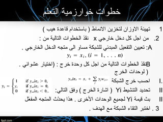 ‫التعلم‬ ‫خوارزمية‬ ‫خطوا ت‬
1.( ‫هيب‬ ‫قاعدة‬ ‫باستخدام‬ ) ‫النماط‬ ‫لتخزين‬ ‫الوزان‬ ‫تهيئة‬
2‫خارجي‬ ‫دخل‬ ‫كل‬ ‫اجل‬ ‫من‬ .x: ‫من‬ ‫التالية‬ ‫الخطوا ت‬ ‫فذ‬ّ‫ذ‬‫ن‬
A. ‫الخارجي‬ ‫الدخل‬ ‫متجه‬ ‫الى‬ ‫مساو‬ ‫للشبكة‬ ‫المبدئي‬ ‫التفعيل‬ ‫تعيين‬ :
B. ‫عشوائي‬ ‫)اختيار‬ : ‫خرج‬ ‫وحدة‬ ‫كل‬ ‫اجل‬ ‫من‬ ‫التالية‬ ‫الخطوا ت‬ ‫فذ‬ّ‫ذ‬‫ن‬
‫الخرج‬ ‫لوحدا ت‬ )
I.‫الشبكة‬ ‫خرج‬ ‫احسب‬
II.‫التنشيط‬ ‫تحديد‬Yi:‫التالي‬ ‫وفق‬ ( ‫الخرج‬ ‫اشارة‬ )
III‫قيمة‬ ‫بث‬Yi‫عل‬ّ‫ذ‬ ‫المف‬ ‫المتجه‬ ‫دث‬ّ‫ذ‬‫يح‬ ‫هذا‬ . ‫الخرى‬ ‫الوحدا ت‬ ‫لجميع‬
3. ‫الهدف‬ ‫مع‬ ‫الشبكة‬ ‫التقاء‬ ‫اختبر‬ .
 
