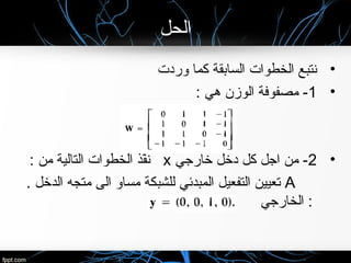‫الحل‬
•‫وردت‬ ‫كما‬ ‫السابقة‬ ‫الخطوات‬ ‫نتبع‬
•1: ‫هي‬ ‫الوز ن‬ ‫مصفوفة‬ -
•2‫خارجي‬ ‫دخل‬ ‫كل‬ ‫اجل‬ ‫من‬ -x: ‫من‬ ‫التالية‬ ‫الخطوات‬ ‫ف ذ‬ّ‫ن‬‫ن‬
A. ‫الدخل‬ ‫متجه‬ ‫الى‬ ‫مساو‬ ‫للشبكة‬ ‫المبدئي‬ ‫التفعيل‬ ‫تعيين‬
‫الخارجي‬ :
 
