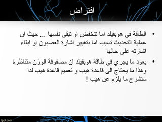 ‫افتراض‬
•‫ا ن‬ ‫حيث‬ ... ‫نفسها‬ ‫تبقى‬ ‫او‬ ‫تنخفض‬ ‫اما‬ ‫هوبفيلد‬ ‫في‬ ‫الطاقة‬
‫ابقاء‬ ‫او‬ ‫العصبو ن‬ ‫اشارة‬ ‫بتغيير‬ ‫اما‬ ‫تسبب‬ ‫التحديث‬ ‫راتخنس ( جرخلا تادحول يئاوشعملية‬
‫حالها‬ ‫راتخنس ( جرخلا تادحول يئاوشعلى‬ ‫اشارته‬
•‫متناظرة‬ ‫الوز ن‬ ‫مصفوفة‬ ‫ا ن‬ ‫هوبفيلد‬ ‫طاقة‬ ‫في‬ ‫يجري‬ ‫ما‬ ‫يعود‬
‫ل ذا‬ ‫هيب‬ ‫راتخنس ( جرخلا تادحول يئاوشعدة‬‫ا‬‫ق‬ ‫تعميم‬ ‫و‬ ‫هيب‬ ‫راتخنس ( جرخلا تادحول يئاوشعدة‬‫ا‬‫ق‬ ‫الى‬ ‫يحتاج‬ ‫ما‬ ‫وه ذا‬
! ‫هيب‬ ‫راتخنس ( جرخلا تادحول يئاوشعن‬ ‫يلزم‬ ‫ما‬ ‫سنشرح‬
 