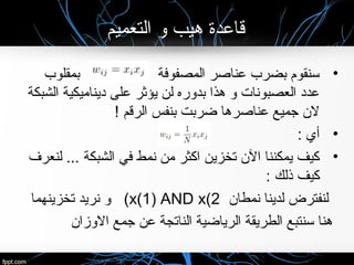 ‫التعميم‬ ‫و‬ ‫هيب‬ ‫راتخنس ( جرخلا تادحول يئاوشعدة‬‫ا‬‫ق‬
•‫بمقلوب‬ ‫المصفوفة‬ ‫راتخنس ( جرخلا تادحول يئاوشعناصر‬ ‫بضرب‬ ‫سنقوم‬
‫الشبكة‬ ‫ديناميكية‬ ‫راتخنس ( جرخلا تادحول يئاوشعلى‬ ‫يؤثر‬ ‫لن‬ ‫بدوره‬ ‫ه ذا‬ ‫و‬ ‫العصبونات‬ ‫راتخنس ( جرخلا تادحول يئاوشعدد‬
! ‫الرقم‬ ‫بنفس‬ ‫ضربت‬ ‫راتخنس ( جرخلا تادحول يئاوشعناصرها‬ ‫جميع‬ ‫ل ن‬
•: ‫أي‬
•‫لنعرف‬ ... ‫الشبكة‬ ‫في‬ ‫نمط‬ ‫من‬ ‫اكثر‬ ‫تخزين‬ ‫ال ن‬ ‫يمكننا‬ ‫كيف‬
: ‫ذلك‬ ‫كيف‬
‫نمطا ن‬ ‫لدينا‬ ‫لنفترض‬x(1) AND x(2(‫تخزينهما‬ ‫نريد‬ ‫و‬
‫الوزا ن‬ ‫جمع‬ ‫راتخنس ( جرخلا تادحول يئاوشعن‬ ‫الناتجة‬ ‫الرياضية‬ ‫الطريقة‬ ‫سنتبع‬ ‫هنا‬
 