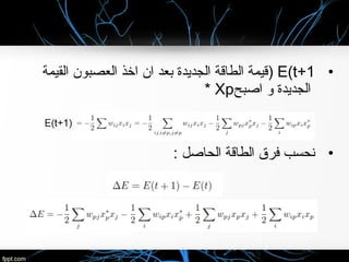 •E(t+1(‫القيمة‬ ‫العصبون‬ ‫اخذ‬ ‫ان‬ ‫بعد‬ ‫الجديدة‬ ‫الطاقة‬ ‫قيمة‬
‫اصبح‬ ‫لو‬ ‫الجديدة‬Xp*
•: ‫الحاصل‬ ‫الطاقة‬ ‫فرق‬ ‫نحسب‬
 